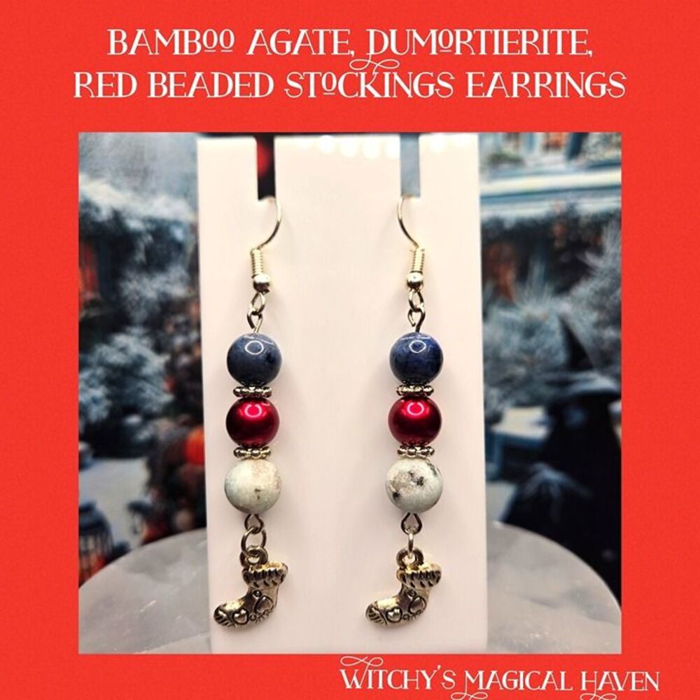 Dumortierite, Sesame Jasper Beaded Stockings Festive Gemstone Earrings